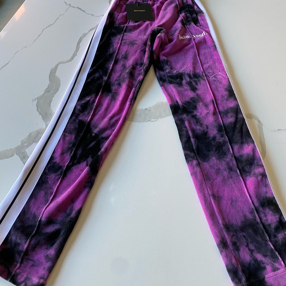 NWT Palm Angels Tie Dye Chenille Track Pants in color purple.